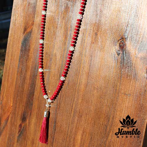 Necklace Mala Red White Silver