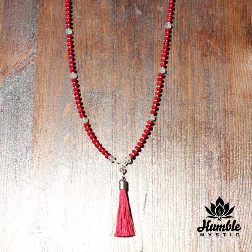 Necklace Mala Red White Silver