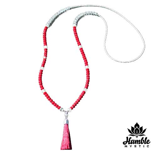 Necklace Mala Red White Silver